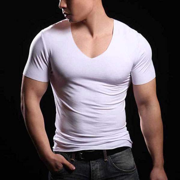 T-shirt à manches courtes Slim Fit Sexy Fitted Couture Musculation Col V Blanc